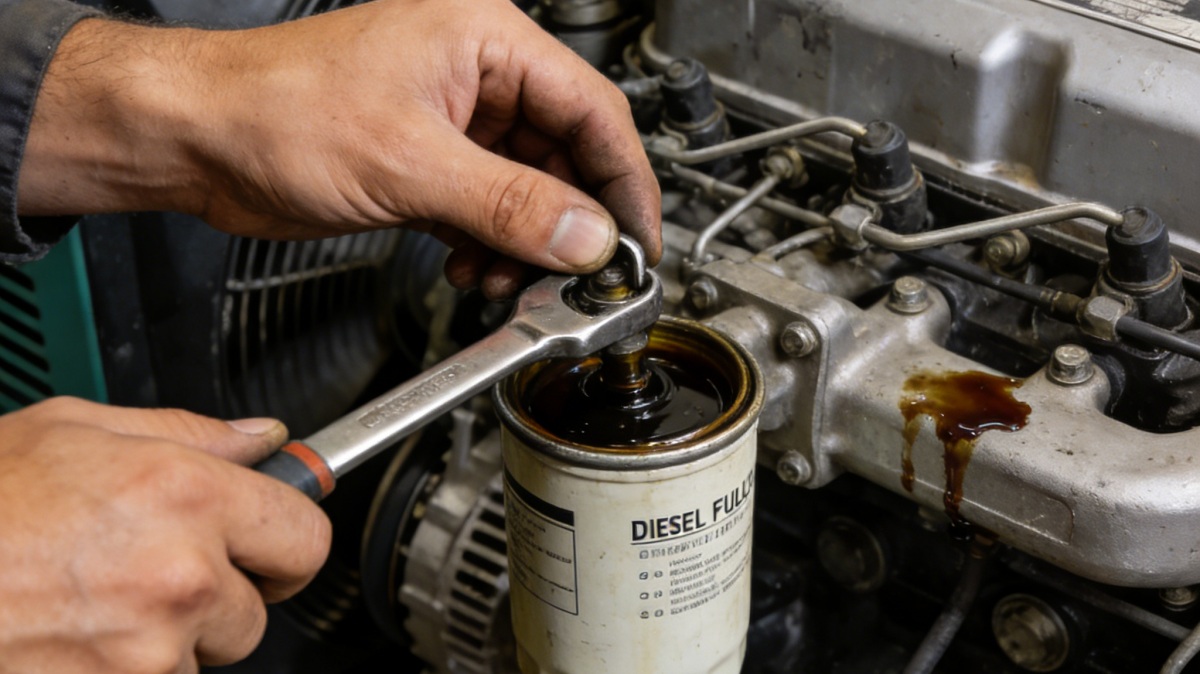mechanic replacing diesel fuel filter on generator engine